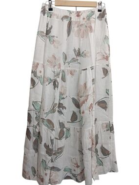 VENTI6 Women's White Floral Tiered Maxi Skirt Size M Linen Mint and Brown Print